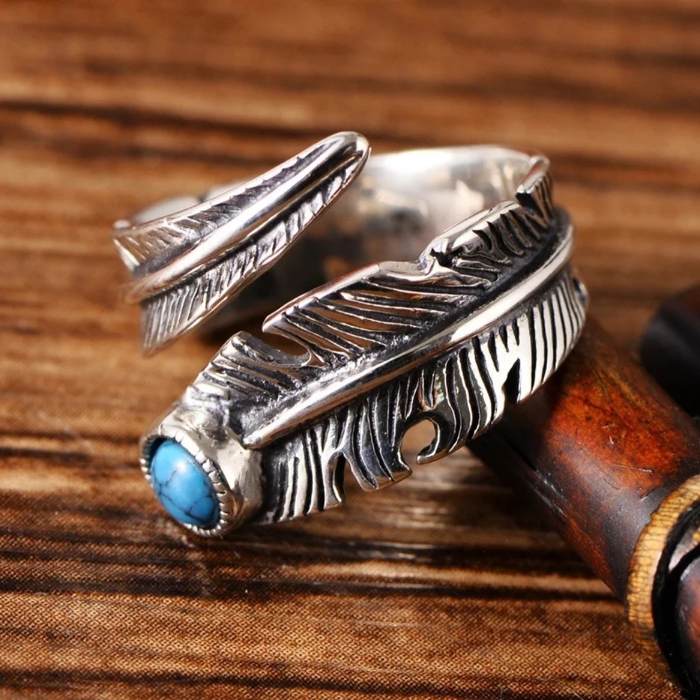 LAST! NEW 925 Sterling Silver Feather Turquoise Ring | Adjustable Size - Picture 8 of 16